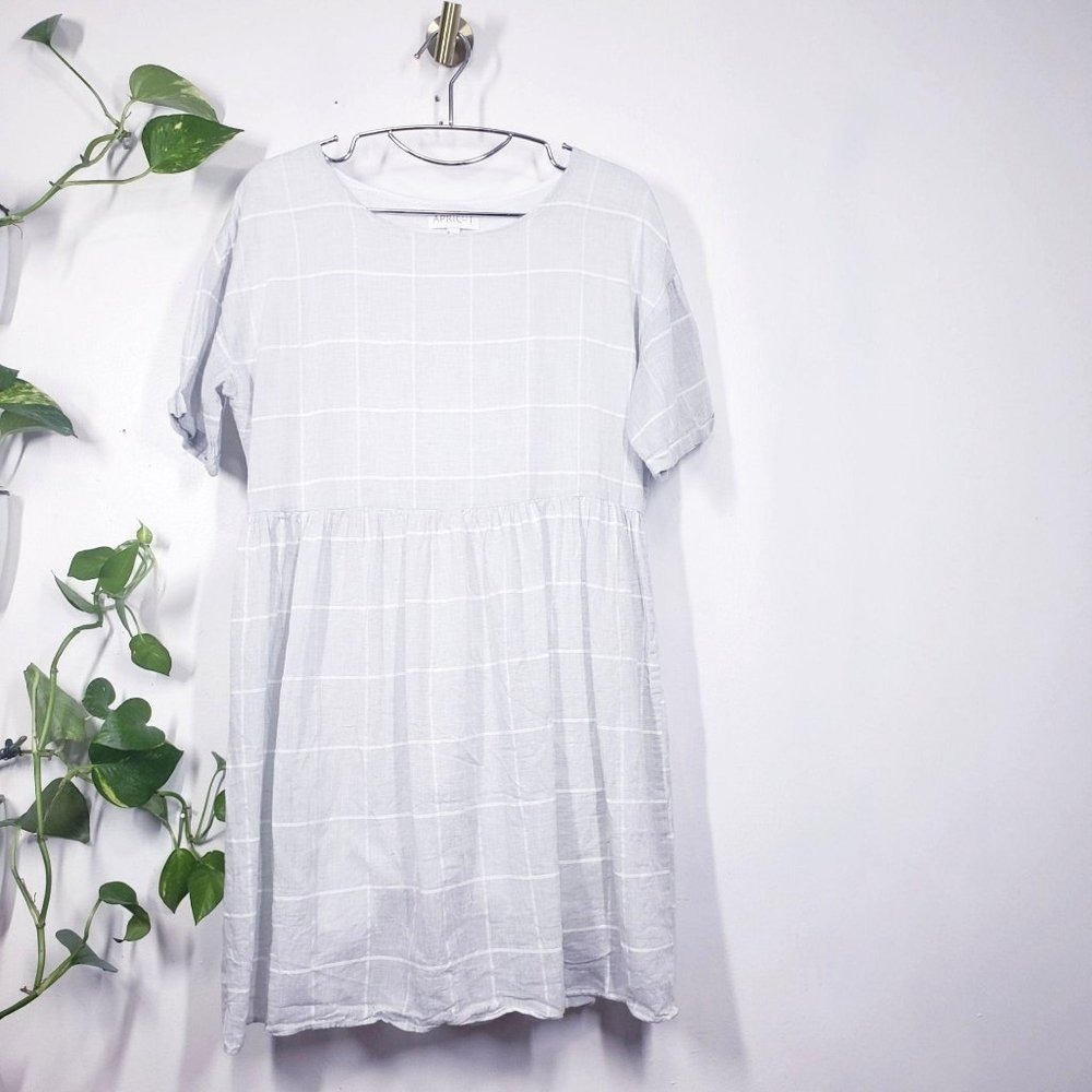 Grid Check Babydoll Shift Dress Womens M Grey White Mini Cottagecore APRICOT